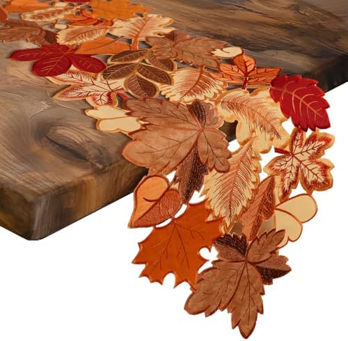 Fall Table Runner 48 Inches Long Autumn Maple Leaf Embroidered Runner
