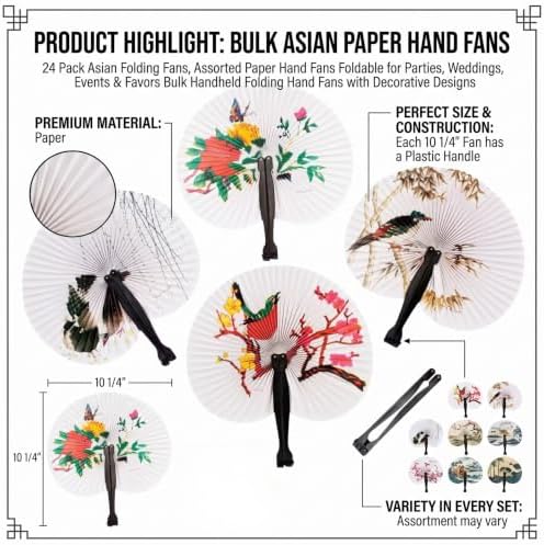 24 Pack Asian Folding Fans, Assorted Paper Hand Fans Foldable for Parties, Weddings, Events & Favors | Bulk Handheld Folding Hand Fans with Decorative Designs