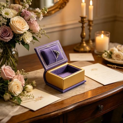 Book Shaped Ring Box - Vintage Engagement Ring Box with Hinged Lid for Proposal Engagement Wedding, Proposal Ring Case -PRB026-Purple