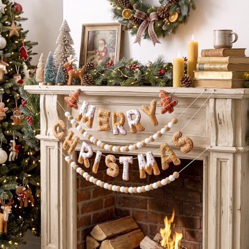 Mindsoft 4pcs Felt Merry Christmas Banner, Gingerbread Man Pom Pom Garland