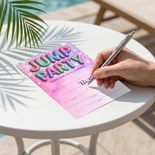 Jump Birthday Invitation Girl, Silver Glitter Rainbow Double-Sided Fill In Style Invites with Envelopes for Birthday, Trampoline Jump Party Invitation For Girls, Teens, Bday Party Favor & Decoration