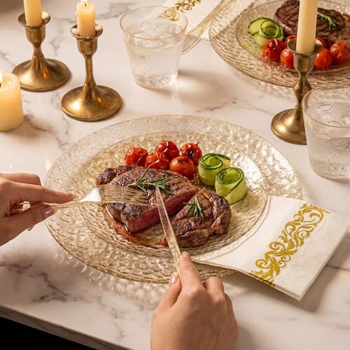 Rubtlamp 350 Pcs Gold Glitter Plastic Plates, Hammered Disposable Plates Set (50 Guests), Glitter Dinnerware Set Include 100 Plastic Plates, 150 Glitter Silverware, 50 Cups And 50 Napkins