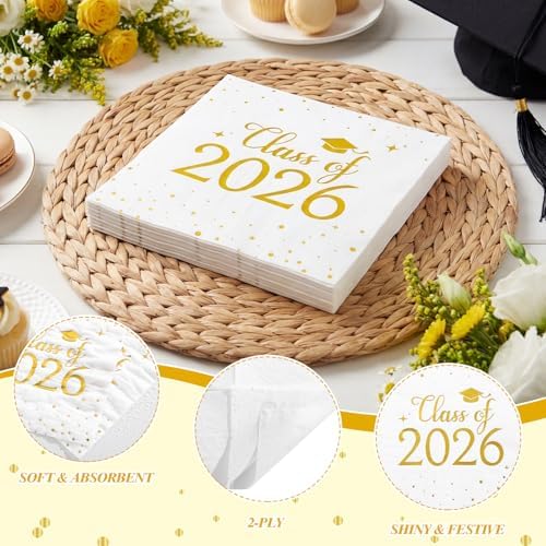 Natnarr Graduation Cocktail Napkins Class Of 2026, White Gold, 50 Pack