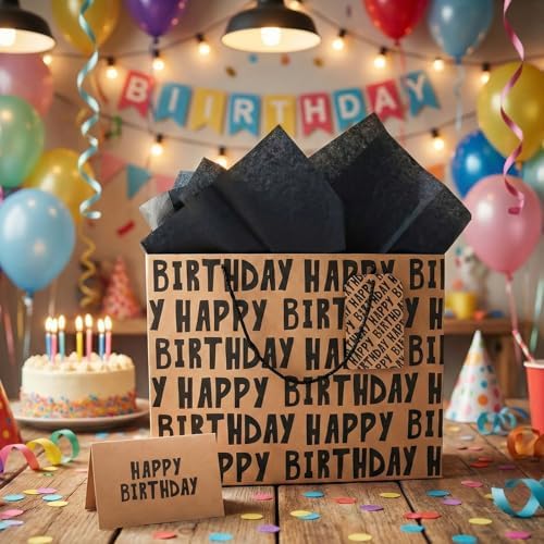 JAYTEM Birthday Gift Bag, 16.5" Kraft Paper Large Gift Bag, Classic Black Lettering Design Happy Birthday Bag Set with Greeting Card, Tag, Envelope & Tissue Paper for Men, Boys, Kid