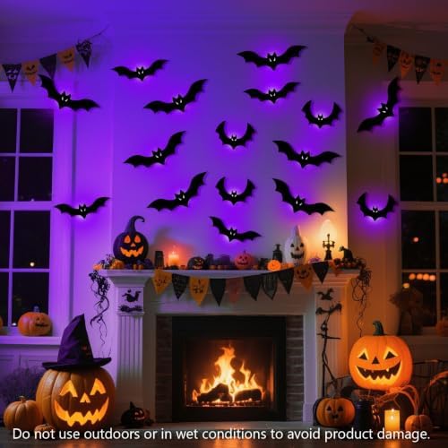Halloween Bats Fairy Lights Wall Decor, 20 Packs Lighted Bats Stickers with Timer Halloween Party Wall Window Indoor Home Decorations