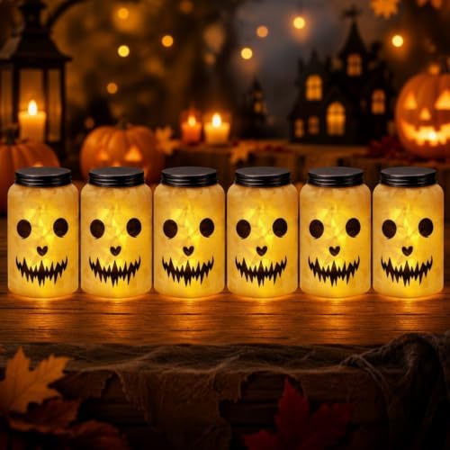 Qinyoung 12 Pcs Halloween Crafts Skeleton Demon Mason Jars with LED Light