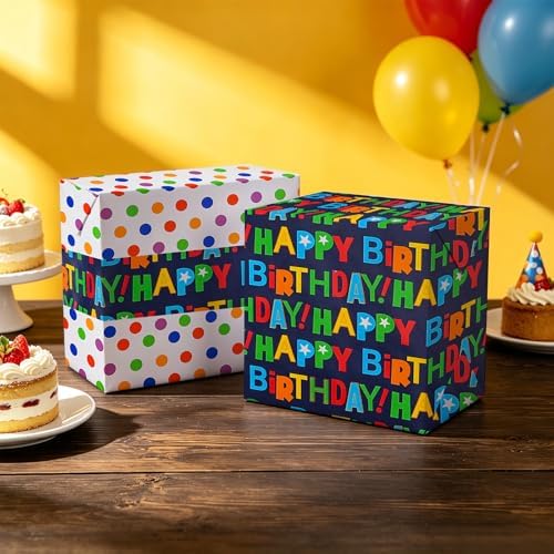 WRAPAHOLIC Reversible Birthday Wrapping Paper Roll - Mini Roll - 17 Inch x 10 Feet - Colorful Happy Birthday Wrapping Paper with Polka Dots Design for Boys Girls Kids, Baby Shower, Holiday, Party