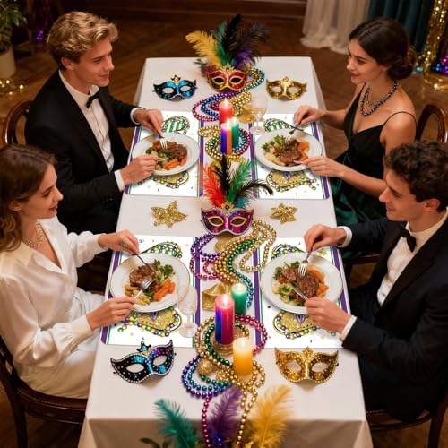 6 Set Carnival Mardi Placemats, 11x16 Inch Fleur de Lis Heart Bead Plastic Placemats Spring Holiday New Orleans Cocktail Table Mats for Carnival Masquerade Party Festival Decor