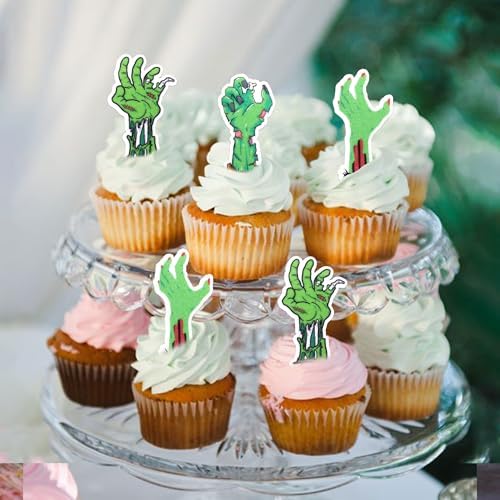 60 PCS Edible Zombie Hands Cupcake Toppers Wafer Paper Halloween Cupcake Picks Edible Horror Zombie Hands Cupcake Decorations for Halloween Theme Zombie Birthday Party Cake Decorations Supplies