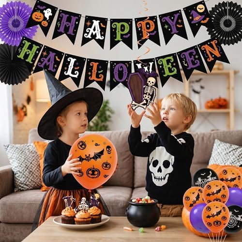 36 Pcs Halloween Party Decorations Indoor, Orange Purple Black Happy Halloween Banner Paper Fans Swirls and Printed Balloons, Spooky Room Wall Decor Supplies