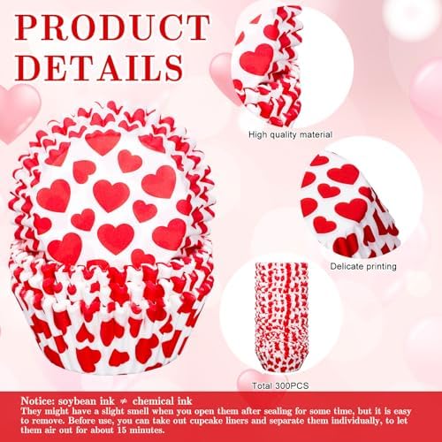 JarThenaAMCS 300 Pcs Valentine Cupcake Liners Red Heart Baking Cups Red White Standard Muffin Cupcake Wrappers For Anniversary Wedding Party Supplies