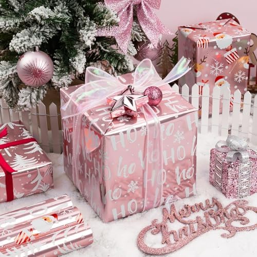Burymento Christmas Wrapping Paper, Reversible Pink Christmas Tree, HO Santa Laughter, Snowflake, Reindeer, Design Gift Wrapping Paper Suitable for Holiday, Mini Roll (17 Inch X 120 Inch)