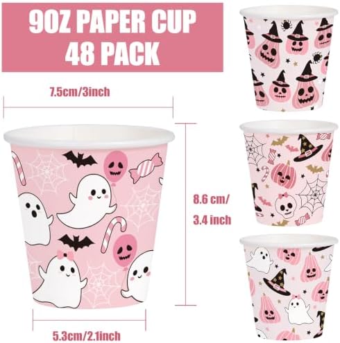 WRAPAHOLIC 9oz Pink Halloween Paper Cups - 48 PackGhost, Witch Hat, Pumpkin and Skull 4 Designs Disposable Cup, Coffee Cup, Hot/Cold Beverage Drinking Cups for Water Juice, Perfect for Halloween