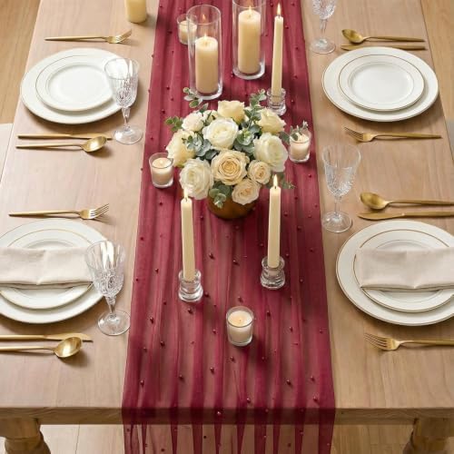 Artoid Mode 3-Pack Pearl Burgundy Gauze Table Runner 10FT Home Decor