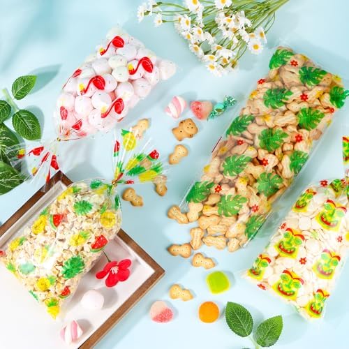 50Pcs Hawaiian Tropical Cellophane Treat Bags - 5x11 Inch Pineapple Flamingo Goodie Bags with 60 Twist Ties, Clear Plastic Candy Bag for Luau Beach Summer Party Favors, Tiki Bar & Jungle Theme Supply