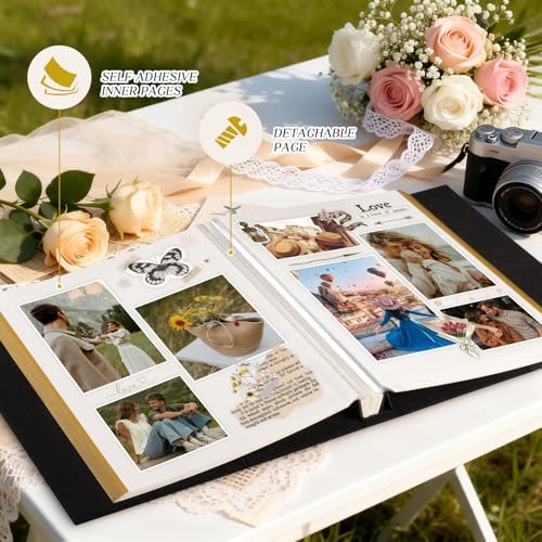 Lanpn Couples Scrapbook Photo Album - The Story of Us, Linen Wedding Anniversary Self Adheisve Picture Book holds 4x6 5x7 A5 Photo for Love Newlywed Valentine's Day (Large 40 Sheets/80 Pages, Beige)