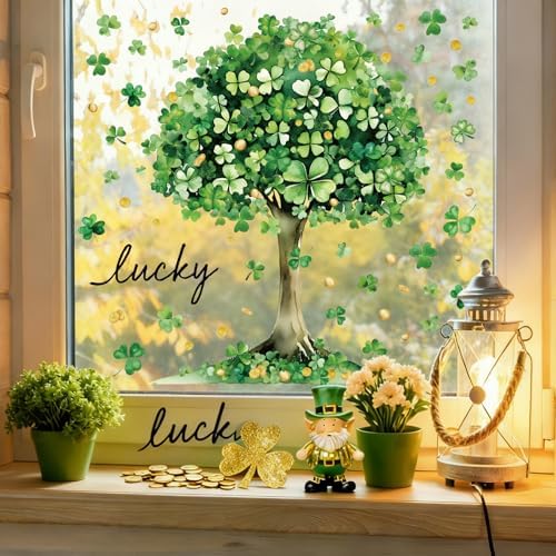Whaline 6 Sheets St. Patrick' s Day Window Clings Large Lucky Clover Green Shamrock Tree Window Decal Reusable Anti-Collision Windows Decor for Irish Holiday Party Supplies