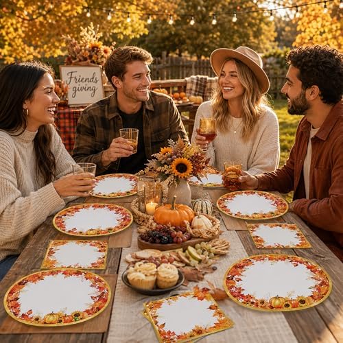 50Pcs Fall Oval Paper Plates Napkins, Pumpkin Autumn Thanksgiving Party Set