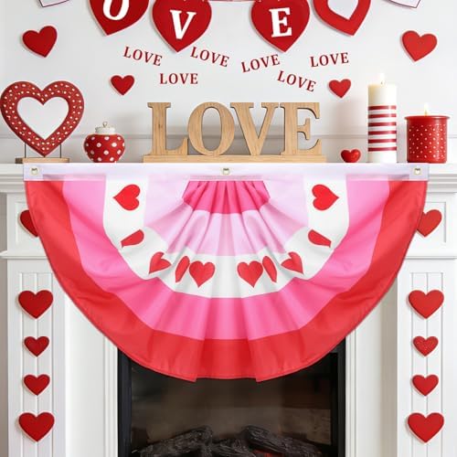 Augshy 4Pcs Valentines Day Bunting Fan Flags, Pink Red Heart Pleated Banner