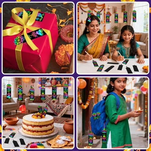 AUGSUN 96Pcs Diwali Scratch Art Bookmarks Indian Crafts for Kids