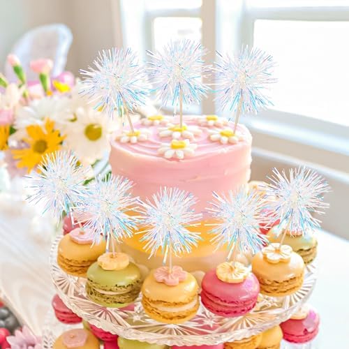 30 PCS Foil Firework Cupcake Toppers Happy Birthday Cupcake Toppers Sparkle Tinsel Flower Drink Stirrers Cocktail Fruit Toothpicks for Valentine's Day Baby Shower Party Cake Decor Supplies White