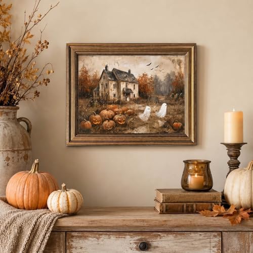 Wemandh Vintage Halloween Wall Art, Gold Framed Rustic Ghost and Pumpkin Decor, Spooky Haunted House Picture for Gothic Room, Farmhouse Fall Autumn Canvas Print Artwork (9.5'' x 12'')