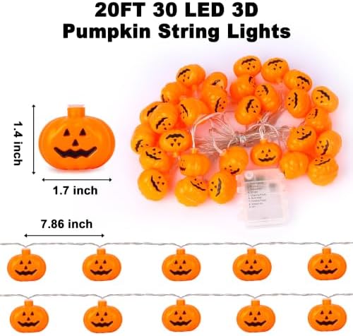 Halloween Lights Outdoor Indoor 20FT 30 LED 3D Pumpkin Lights Halloween String Lights Battery Operated, 8 Light Modes Waterproof Pumpkin Decor Light for Home Porch Yard Window Party Outside Decoration