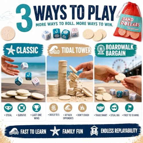 Sand Dollars Dice Game | Beach Game and Pool Game for the Whole Family | Screen-Free for Kids, Adults and Grandparents | Perfect for Vacation, Lake Cabins and Beach Houses