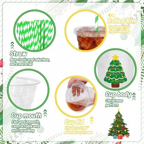Whaline 50Pcs 12Oz Christmas Disposable Plastic Cups with Lids and Straws Colorful Light Bulb Xmas Tree Cold Beverage Drinking Cups for Holiday Birthday Party Supplies