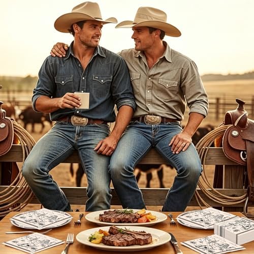 50 Pcs Cowboy Paper Napkins 6.5 x 6.5 Inches, Western Theme Disposable Luncheon Dinner Wild West First Rodeo Party Napkins Cocktail Napkin for Birthday Bachelorette Party Decorations (Cowboy)