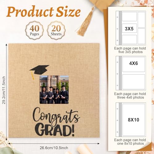 Fumete Khaki Class of 2026 Graduation Album Self Adhesive Photo Scrapbook 40 Pages 11.5 x 10.5 Inch Linen Memory Book with Cover Display Window DIY Album for School College Graduate Party Gift