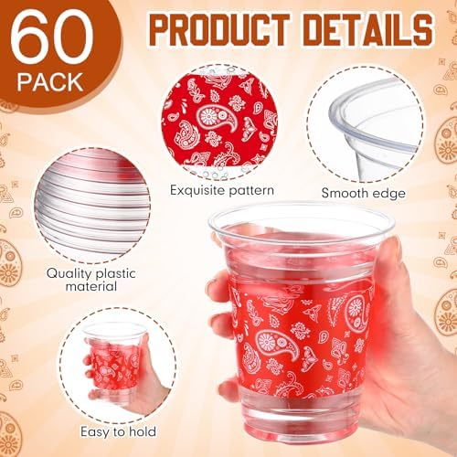 Funnymoom 60 Pack Western Cowboy Plastic Cups, 12 oz, Red Bandana Design