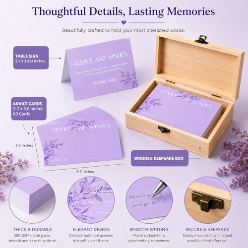 60pcs Lavender Eucalyptus Advice and Wishes Cards, 5.7"x3.8" Wedding Advice Cards for Bridal Shower, 250gsm Thick Paper Wedding Guest Book Alternative, for Mr & Mrs Engagement Party