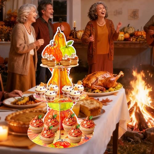 Gistome 3-Tier Pumpkin Cupcake Stand – Autumn Harvest Dessert Display Holder for Fall Parties, Thanksgiving Table, and Seasonal Decorations