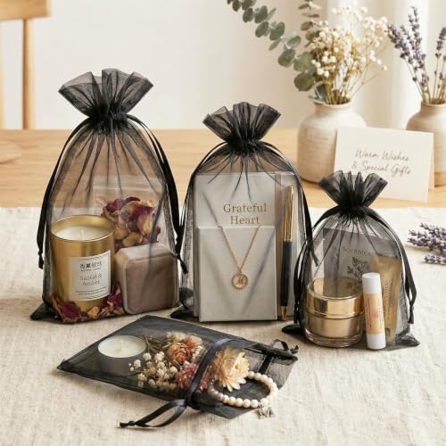 FUNFERY 100PCS Black Organza Gift Bags 6x9in,Drawstring Pouch for Jewelry