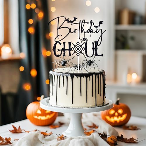 Black Glitter Birthday Ghoul Cake Topper, Spooky Spider Halloween Birthday Cake Décor, Ghost Halloween Bridal Shower Baby Shower Party Decorations Supplies