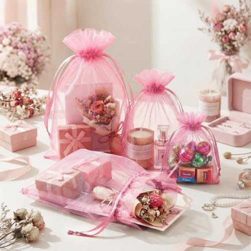 FUNFERY 100PCS Pink Organza Gift Bags 5x7in,Drawstring Pouch for Jewelry