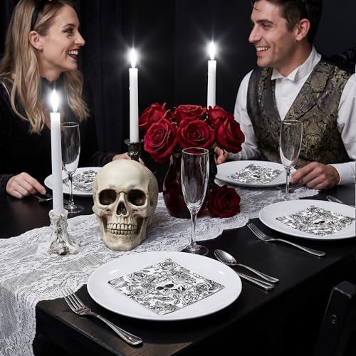 WRAPAHOLIC 50Pcs Halloween Cocktail Napkins - 3-Ply Black Gothic Skull Disposable Paper Napkins for Halloween, Birthday, Party - 5 x 5 In