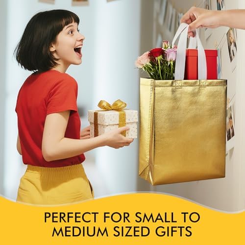 RACETOP Reusable Gold Gift Bags Medium Size 15 Pack with Handles for Party