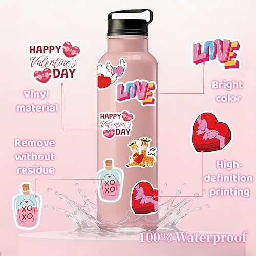 300 PCS Valentines Day Stickers, Non-Repeating Valentine Stickers, Valentines Stickers Gifts Party Favors Decorations,Waterproof Vinyl Heart Sticker for Laptops, Water Bottles