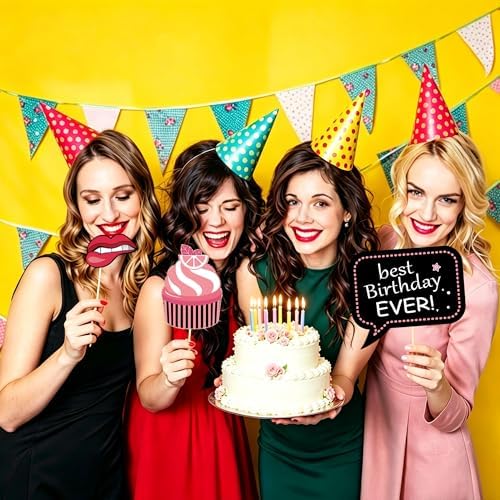 30 Pcs Hot Pink Birthday Photo Booth Props Kit for Girls, Happy Birthday Party Favors Supplies with Mini Frame Bday Party Decoration Set for Women Rose Gold Selfie Paper Party Supplies