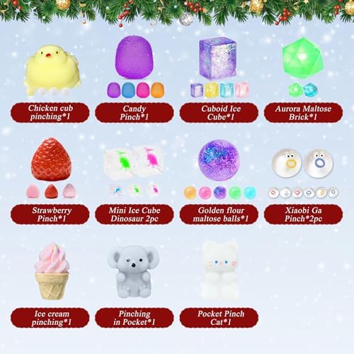 2026 Squishy Advent Calendar, Fidget Christmas Countdown Calendar, 24 Days of Surprises Squishy Toys Box, Xmas Toys for Sock Stuffing & Christmas Gift