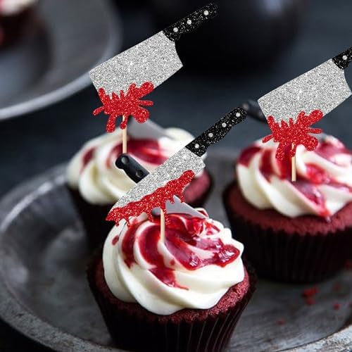 Rsstarxi 24 Pack Halloween Cupcake Toppers Horror Blood Knife Cupcake Picks Have a Killer Birthday Cake Decorations for Halloween Blood Knife Theme Birthday Party Decorations