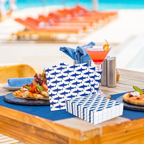 FYSUIMU 50 Pcs Summer Shark Paper Napkins Blue Ocean Fish Disposable Napkins Under The Sea Luncheon Dinner Napkin for Birthday Holiday Party Table Supplies
