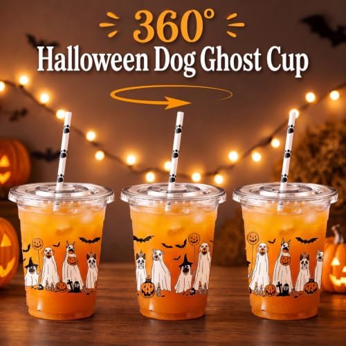 FillTouch 50 Pcs Halloween Dog Ghost Cups 16 oz with Lids Straws