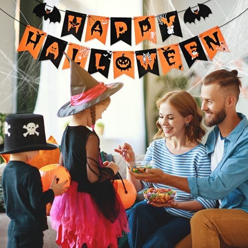 AhfuLife Happy Halloween Banner, Halloween Garland Bunting Decorations Sign for Indoor Outdoor Home Party Supplies