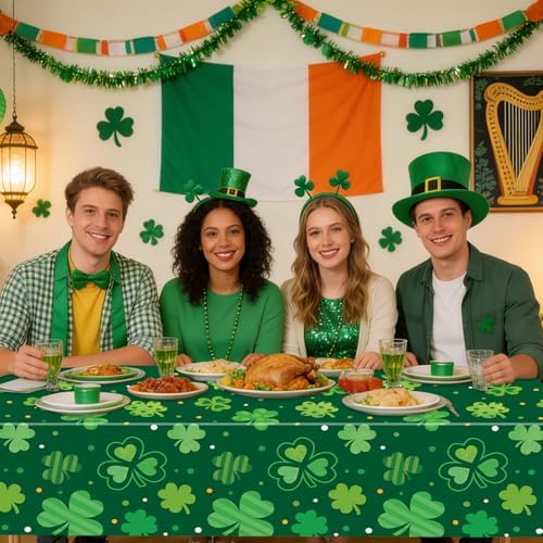3-Piece 54 x 108 Inch St. Patrick’s Day Plastic Tablecloth – Green Shamrock Disposable Rectangle Table Covers for Irish Party, Lucky Day Celebrations, and St. Paddy’s Decorations