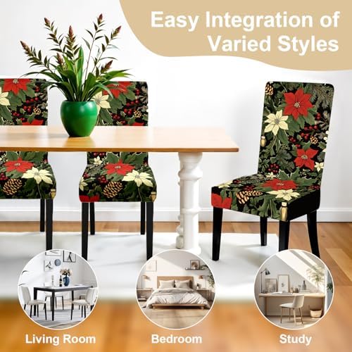 Christmas Chair Covers for Dining Room – Festive Holiday Floral Print Slipcovers with Red Poinsettia, Pinecones & Holly – Stretch Washable Dining Chair Protector for Winter Decor, Parties