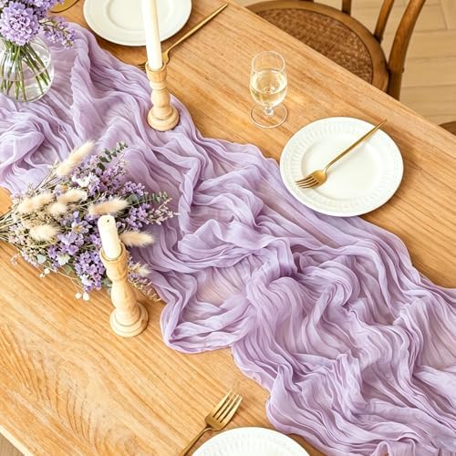 Purple Table Runner, 10FT Boho Lavender Lilac Cheesecloth Table Runner for Romantic Wedding Butterfly Birthday Baby Shower Bridal Shower Party Decorations