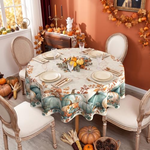 Fall Round Tablecloth 60 Inch, Stain Resistant Washable Fabric Autumn Pumpkin Table Cloth Round Fall Tablecloth Table Cover for Kitchen Dining Party
